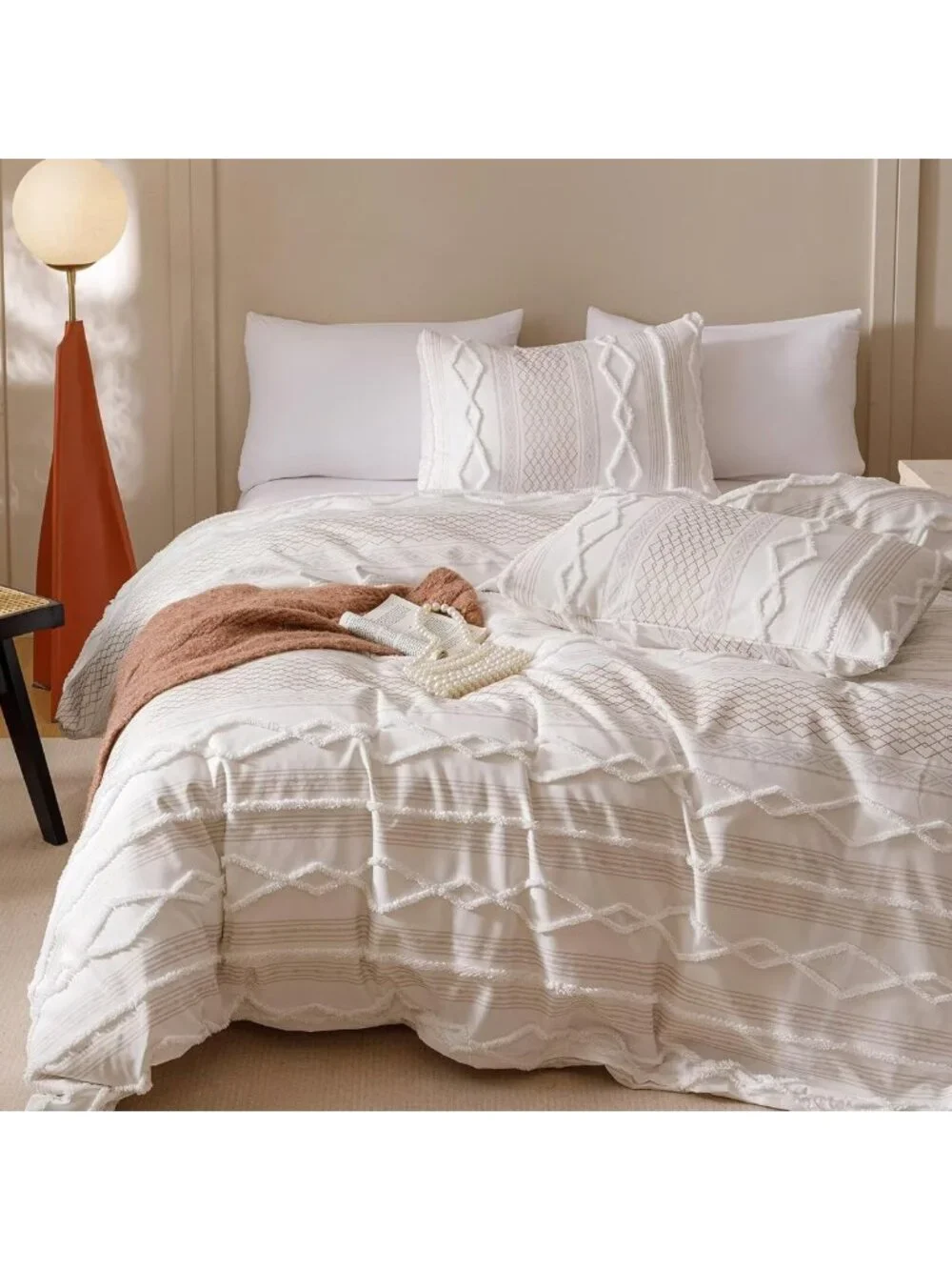 Queen White Boho Comforter Set - Soft Tufted Bedding, Rustic Chic 3PCS Quilt